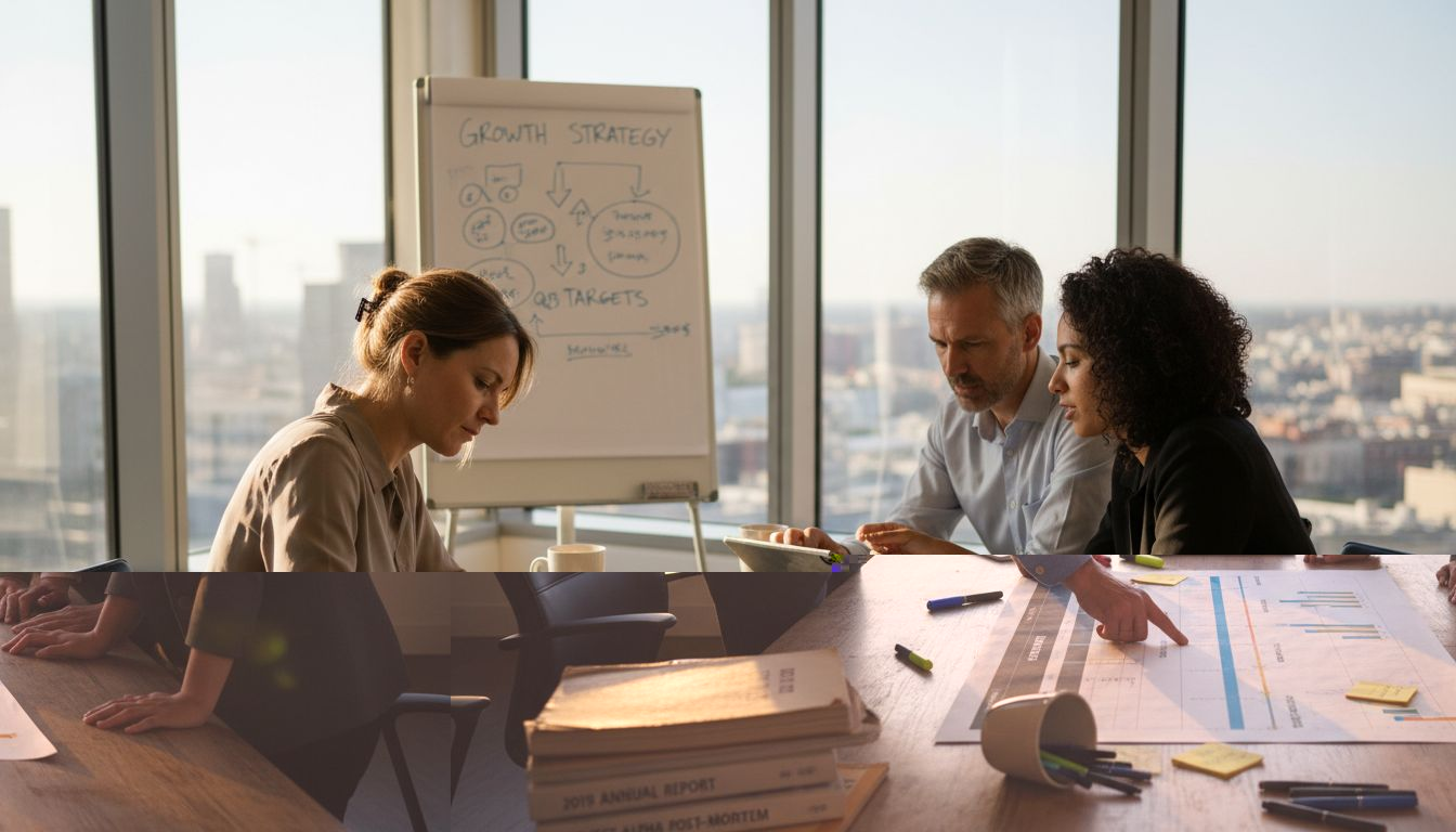 Team planning marketing strategy around table