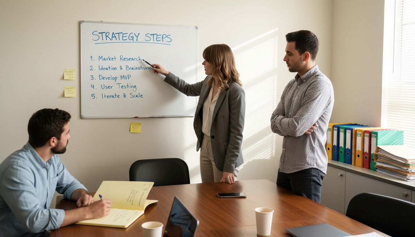Team discussing strategy by whiteboard