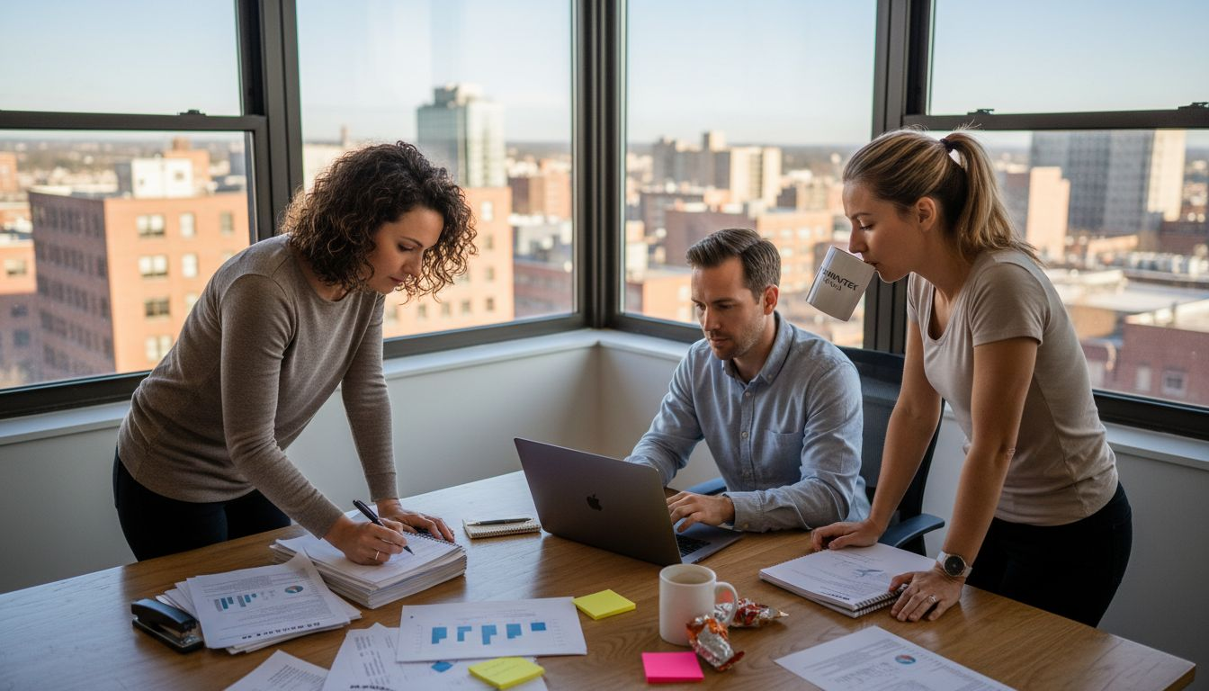 Team planning marketing campaign at office table