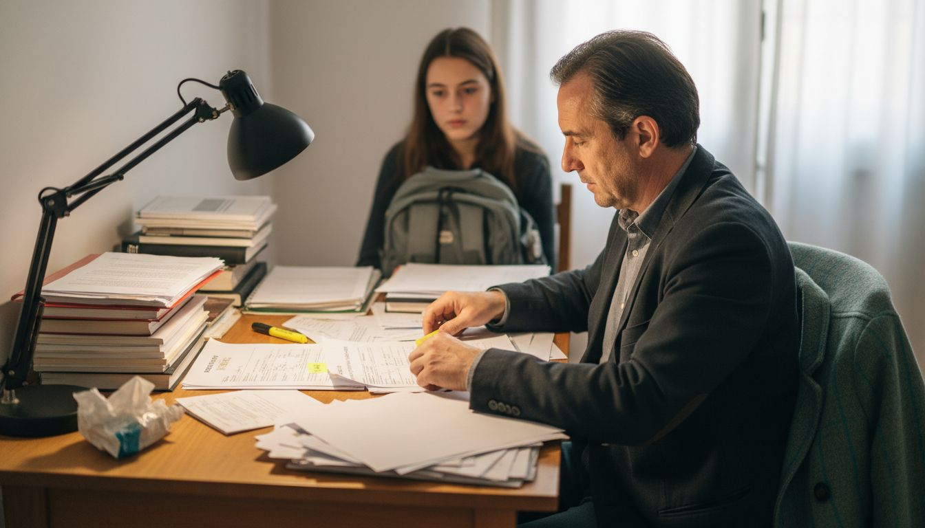 Un padre y su hija dedicando la tarde a poner en orden los papeles en casa.