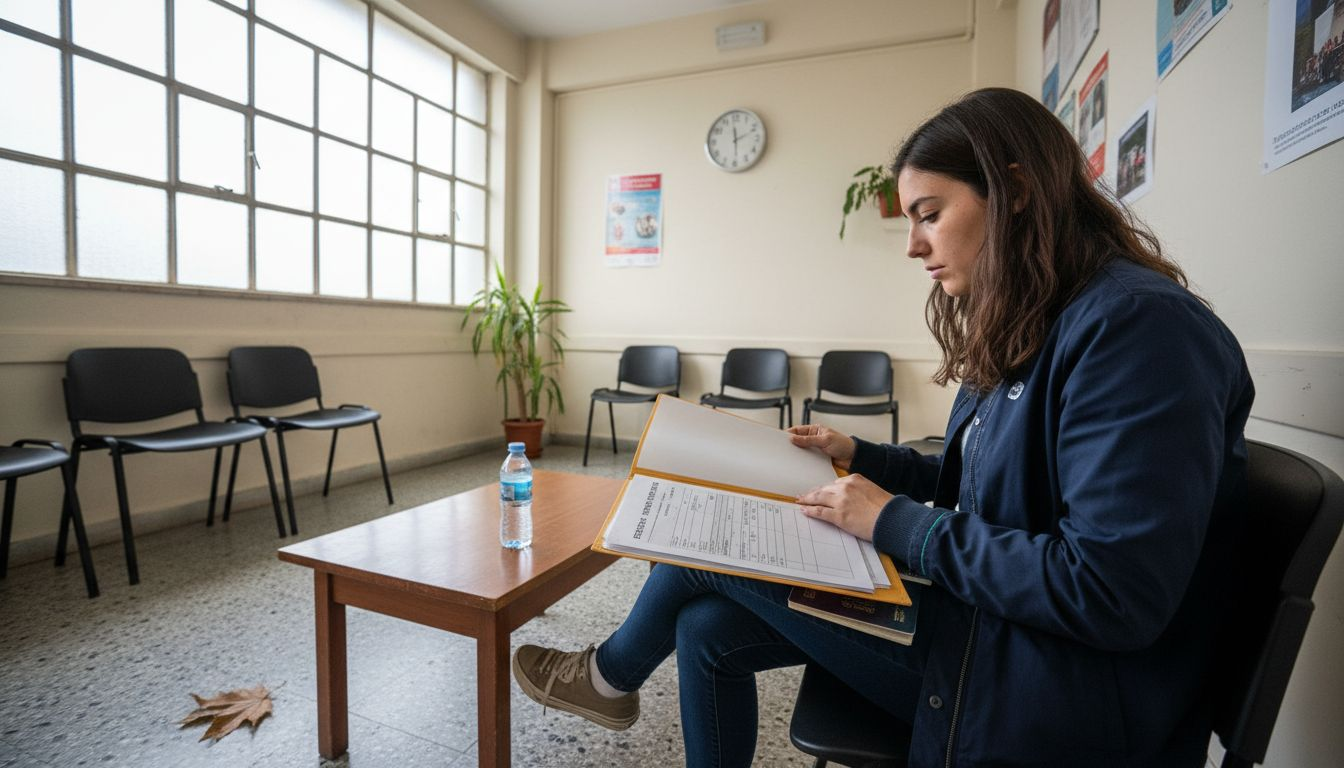 Una mujer revisa sus papeles de inmigración en una oficina.