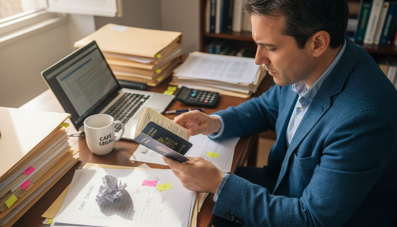Abogado revisando una solicitud sobre la mesa, rodeado de documentos.