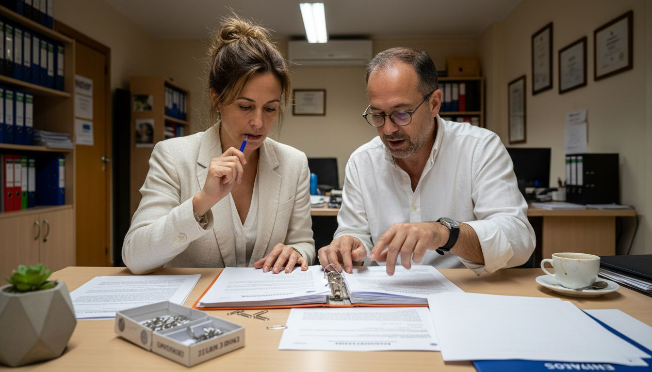 El asesor y el cliente están repasando juntos la documentación sobre la mesa.