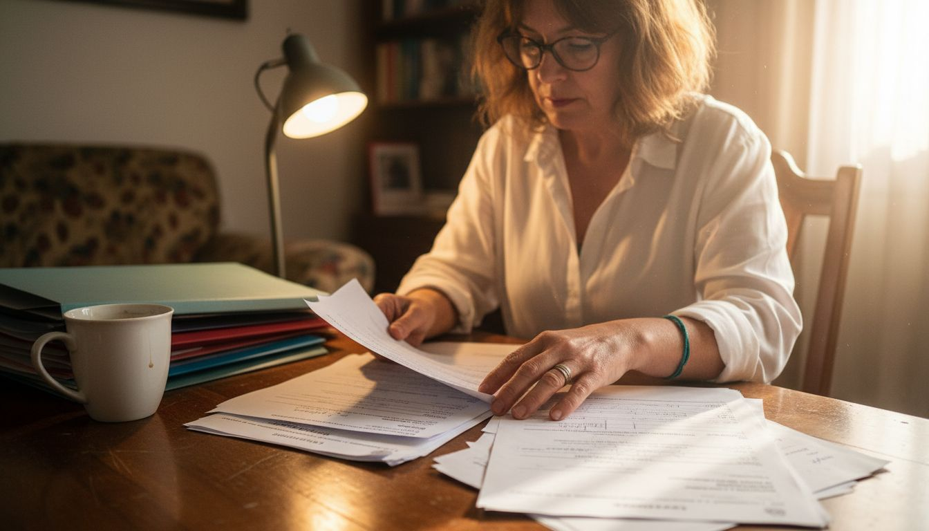 Una mujer revisa con atención sus papeles de inmigración sentada en una mesa.