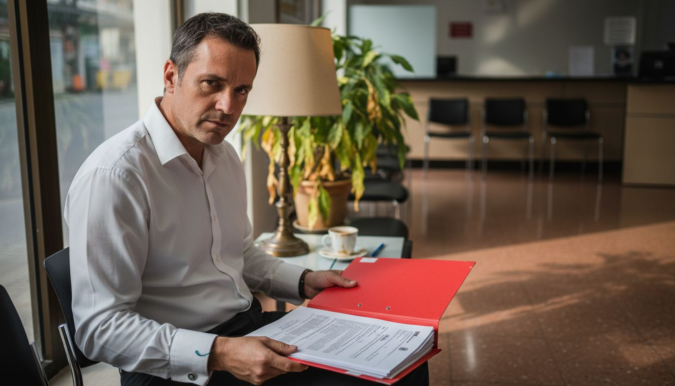 Hombre revisando papeles legales en España