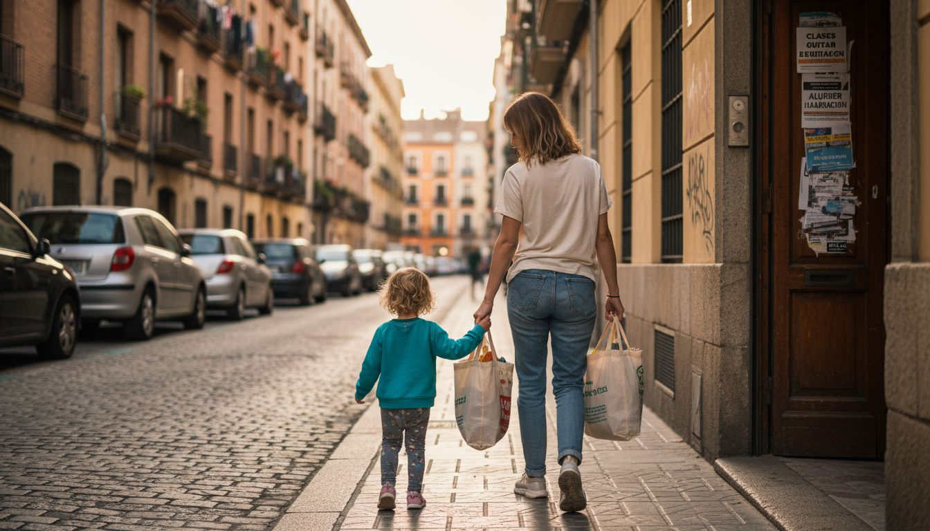 Una madre inmigrante pasea de la mano con su hija por las calles de Madrid.