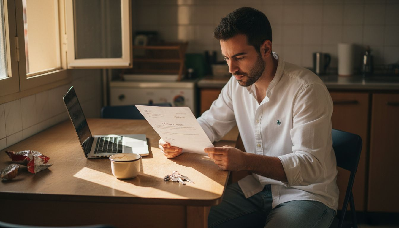 Un estudiante revisa la carta de admisión sentado en la mesa de su apartamento.