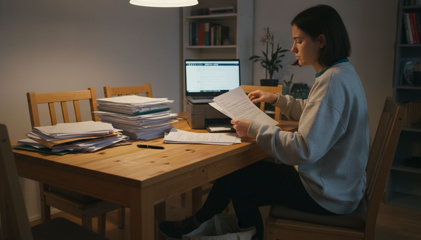 Chico preparando sus papeles para una cita importante