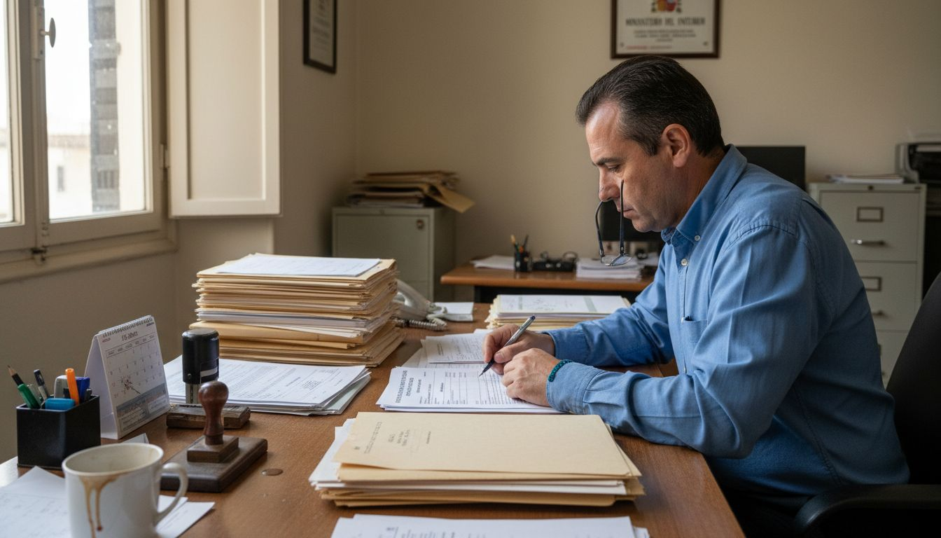Empleado público verificando el trámite de residencia