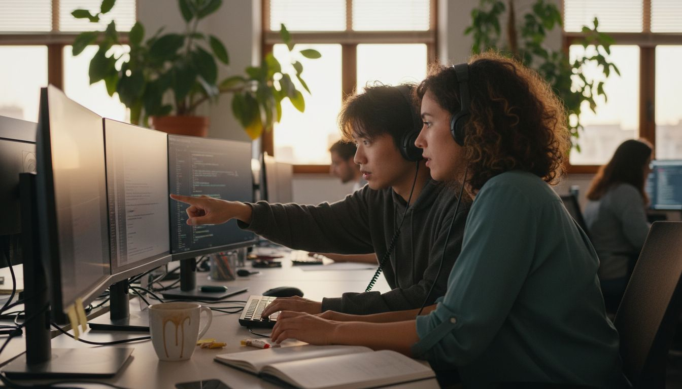 Profesionales de distintas partes del mundo trabajando juntos en el área técnica de la oficina.