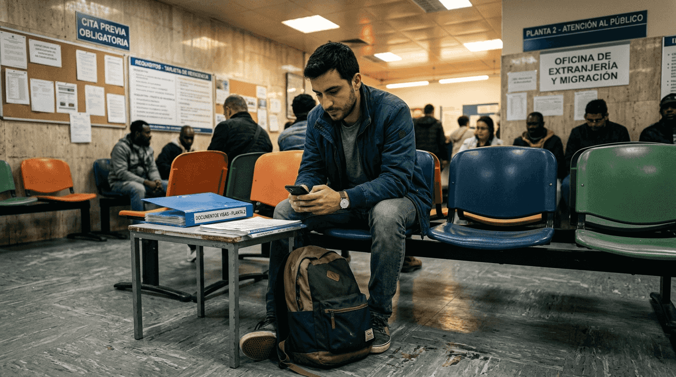 Persona esperando su turno para tramitar el NIE en la oficina