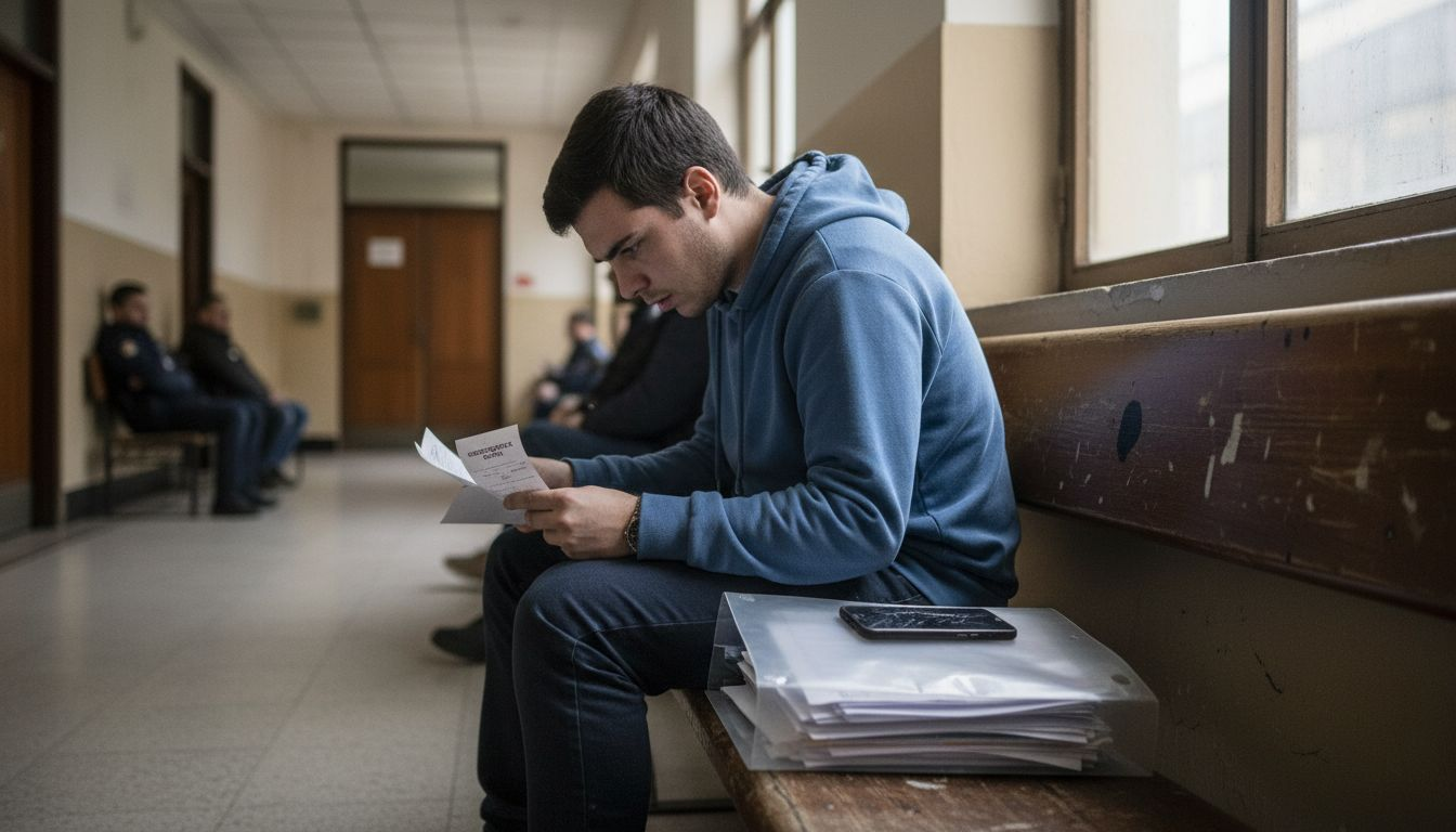 Un chico revisa papeles y verifica su recibo de pago.