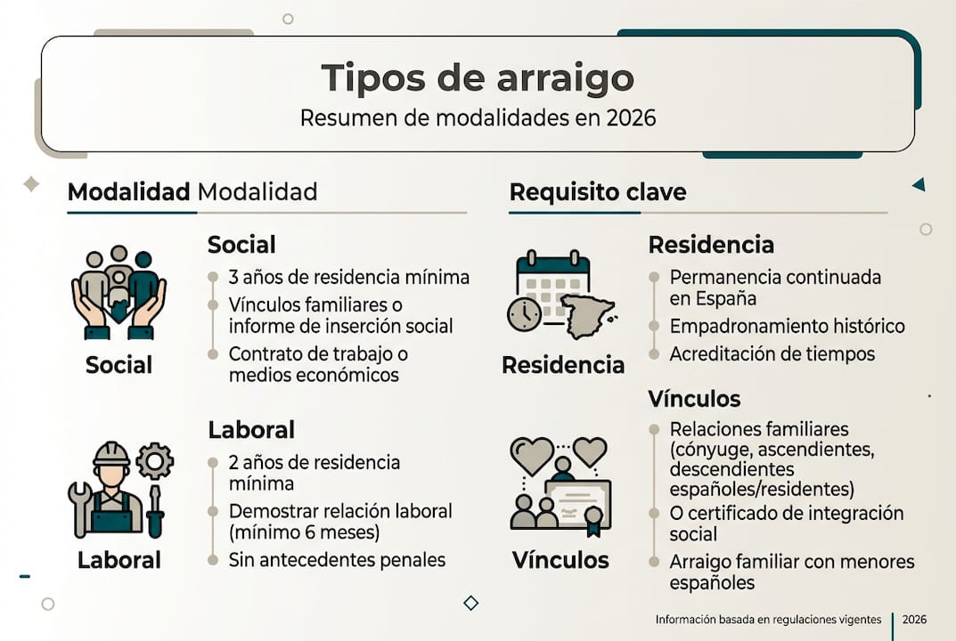 Infografía sobre las diferentes modalidades de arraigo en España