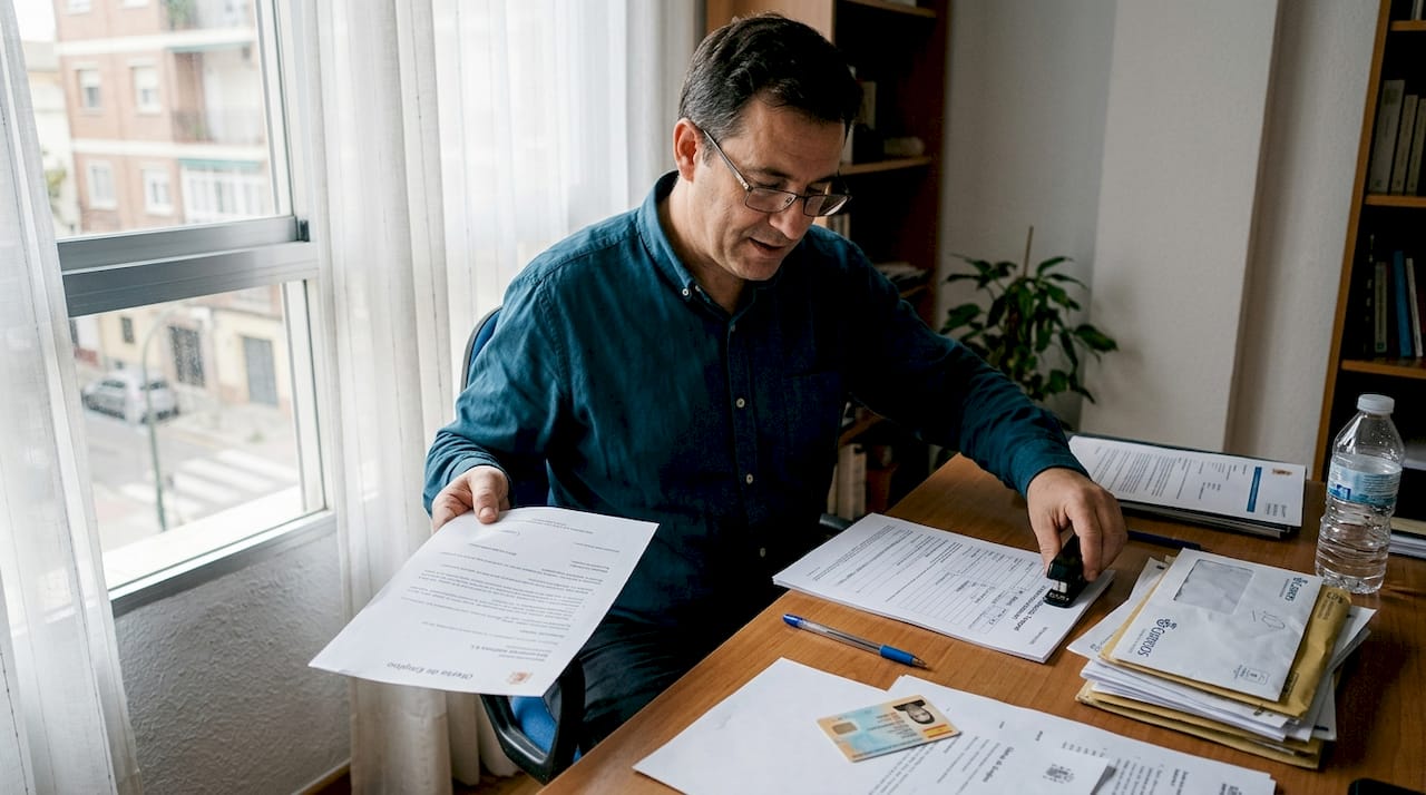 Hombre revisando y organizando los papeles de una oferta de trabajo sobre su escritorio.