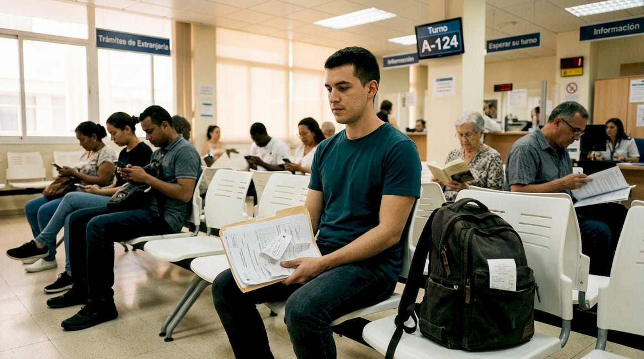 Chico esperando su turno en la oficina de extranjería