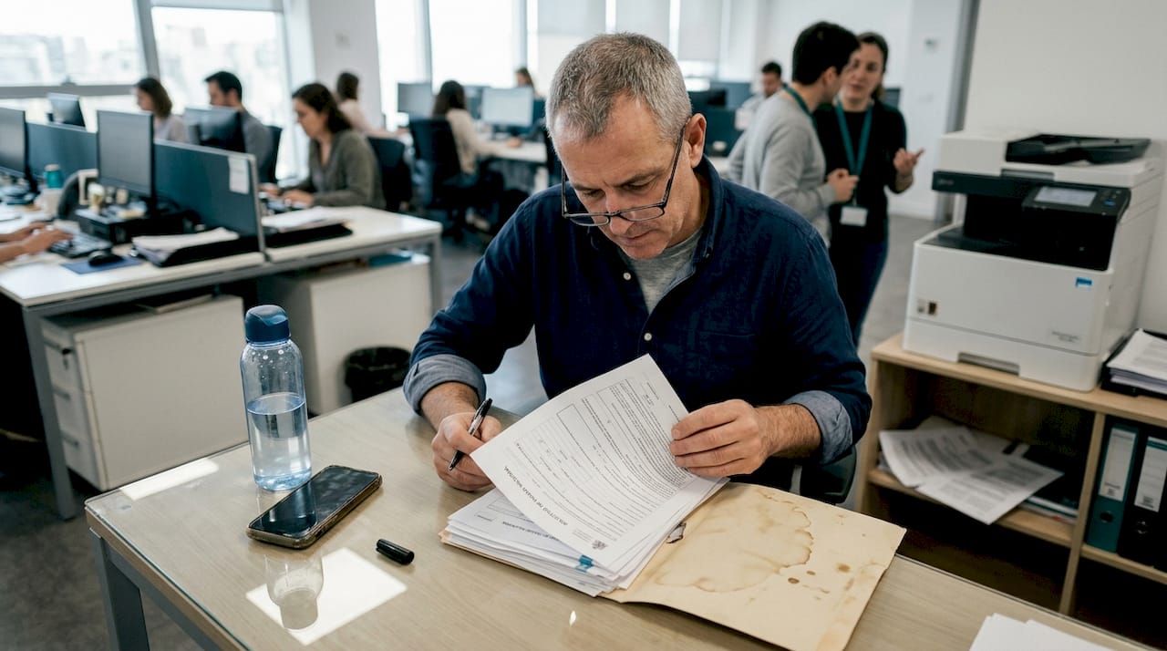Un hombre revisa los documentos de su permiso de trabajo en medio del ajetreo de la oficina.
