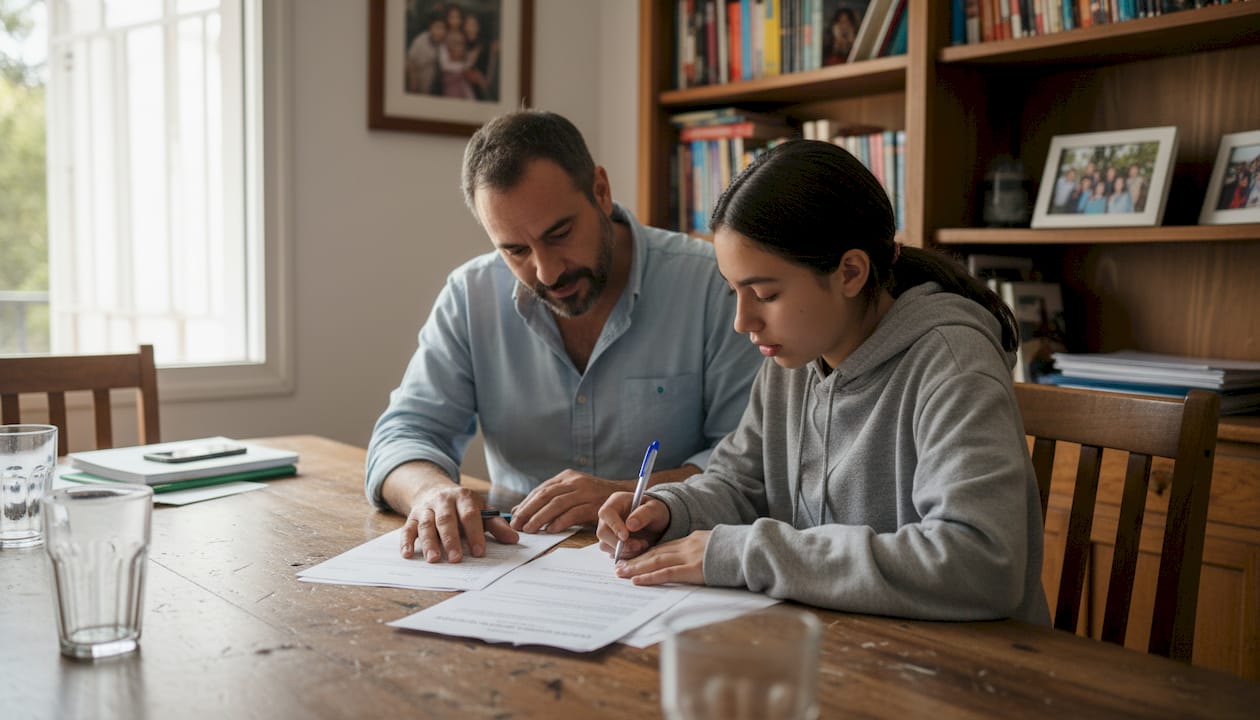 Padre e hija rellenando solicitud de nacionalidad