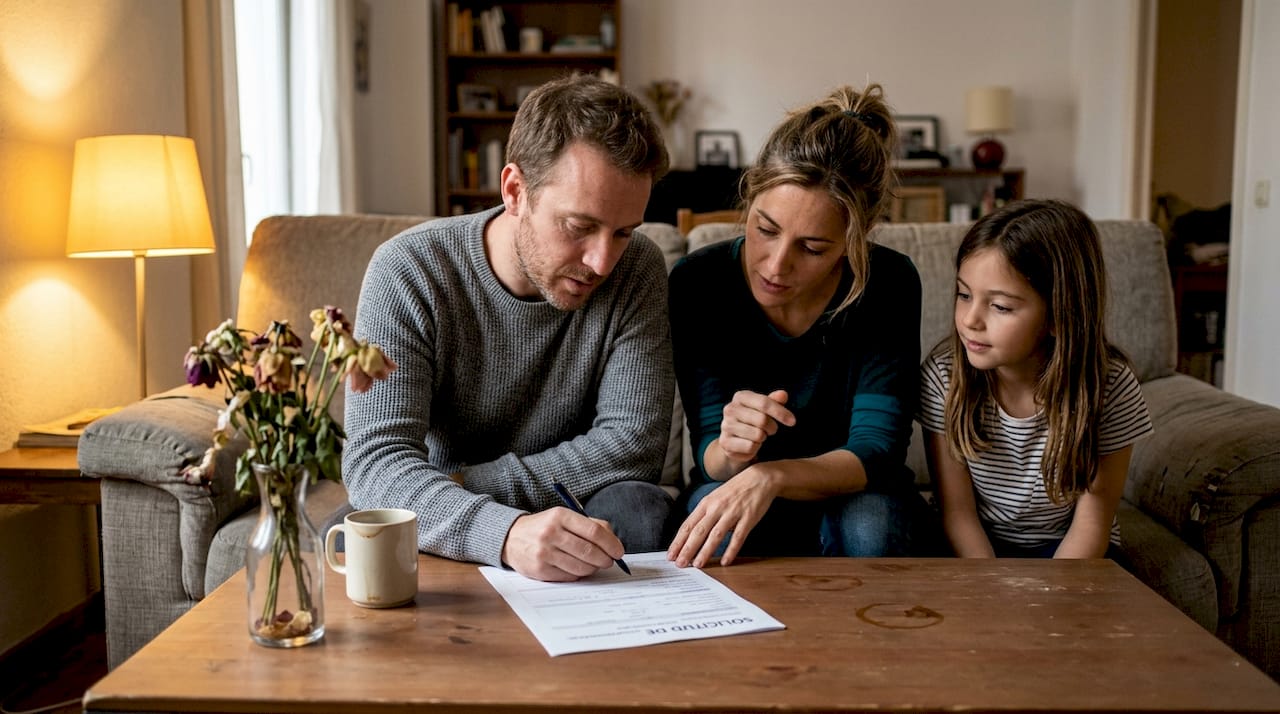 Una familia revisa juntos los papeles de la residencia en la sala de estar.