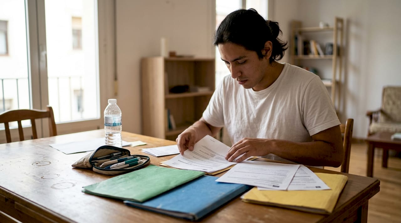 Un joven clasifica y ordena sus papeles de migración.