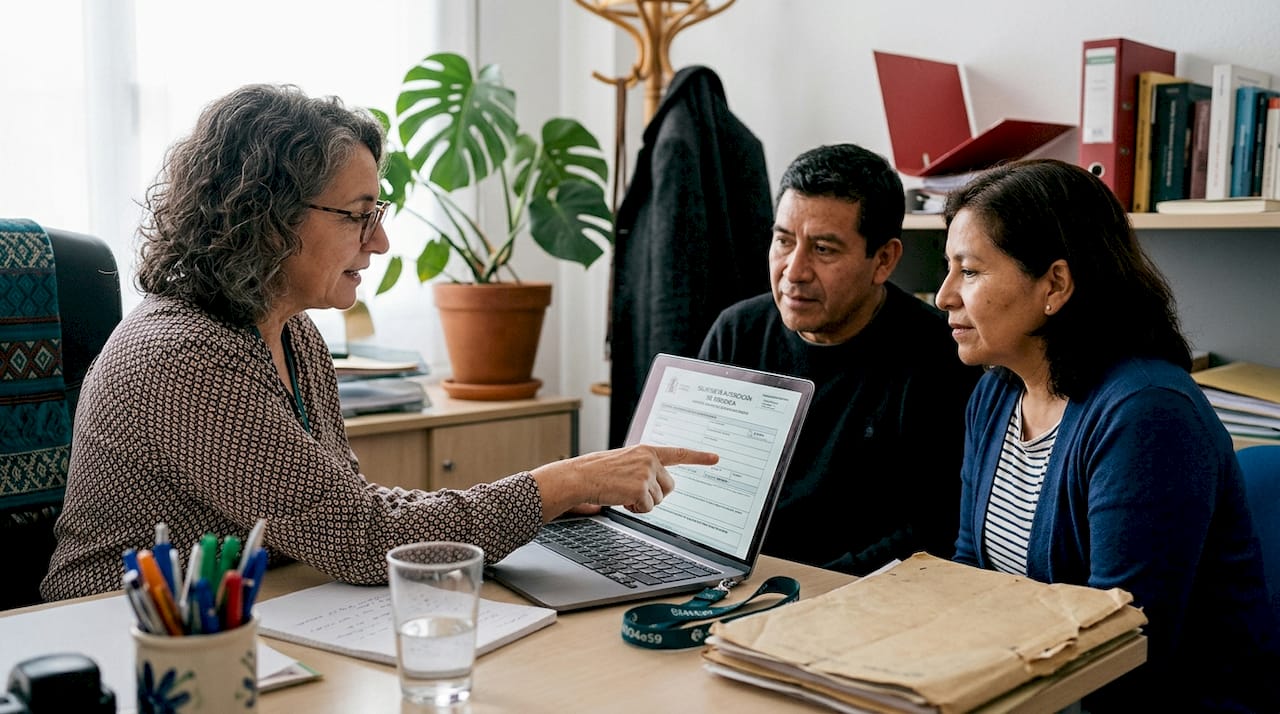 Una asesora aclara dudas sobre un documento legal a una pareja.