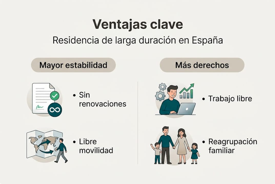 Infografía con los principales beneficios de obtener la residencia de larga duración en España