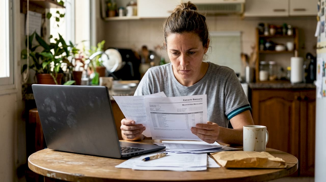 Una mujer revisa sus documentos bancarios mientras está en la cocina.