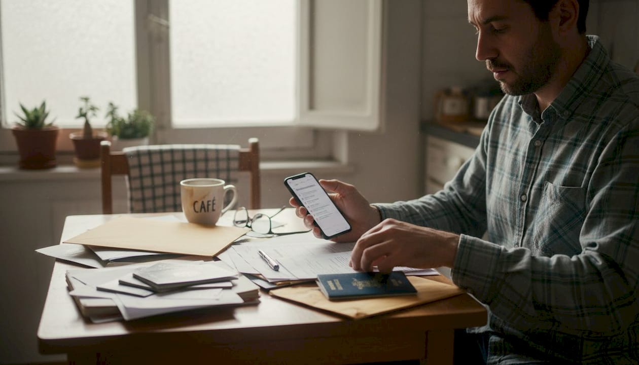 Papá reuniendo los papeles para la solicitud de residencia