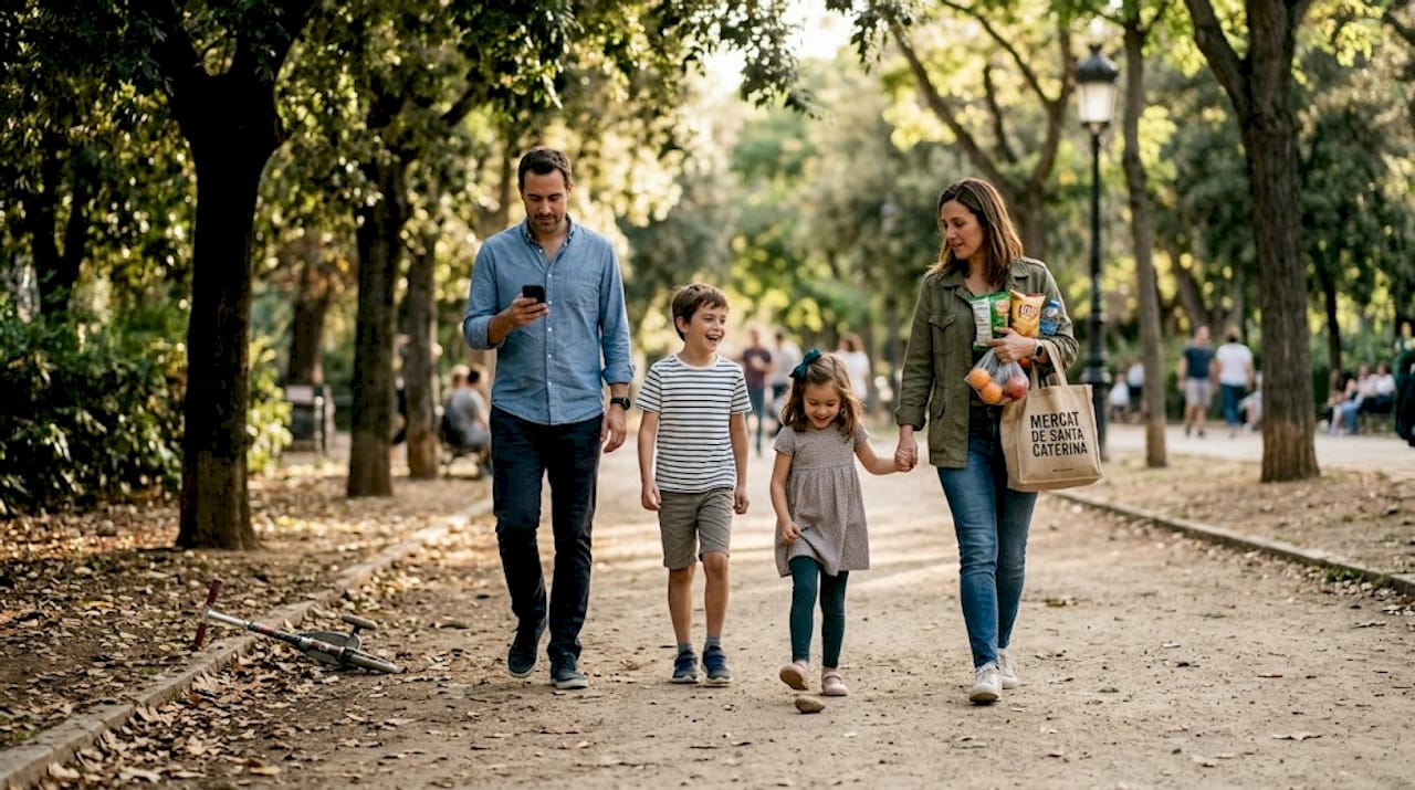 Una familia pasea tranquilamente por un parque en el centro de una ciudad española, disfrutando del ambiente y del buen tiempo.