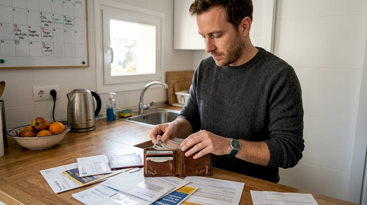 Un hombre revisa y ordena papeles familiares en la mesa de la cocina.