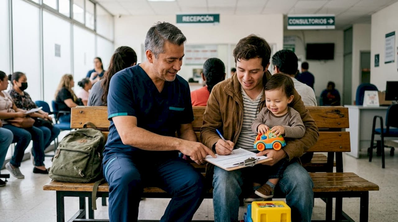 Padre acudiendo a la clínica para inscribirse en el servicio de salud