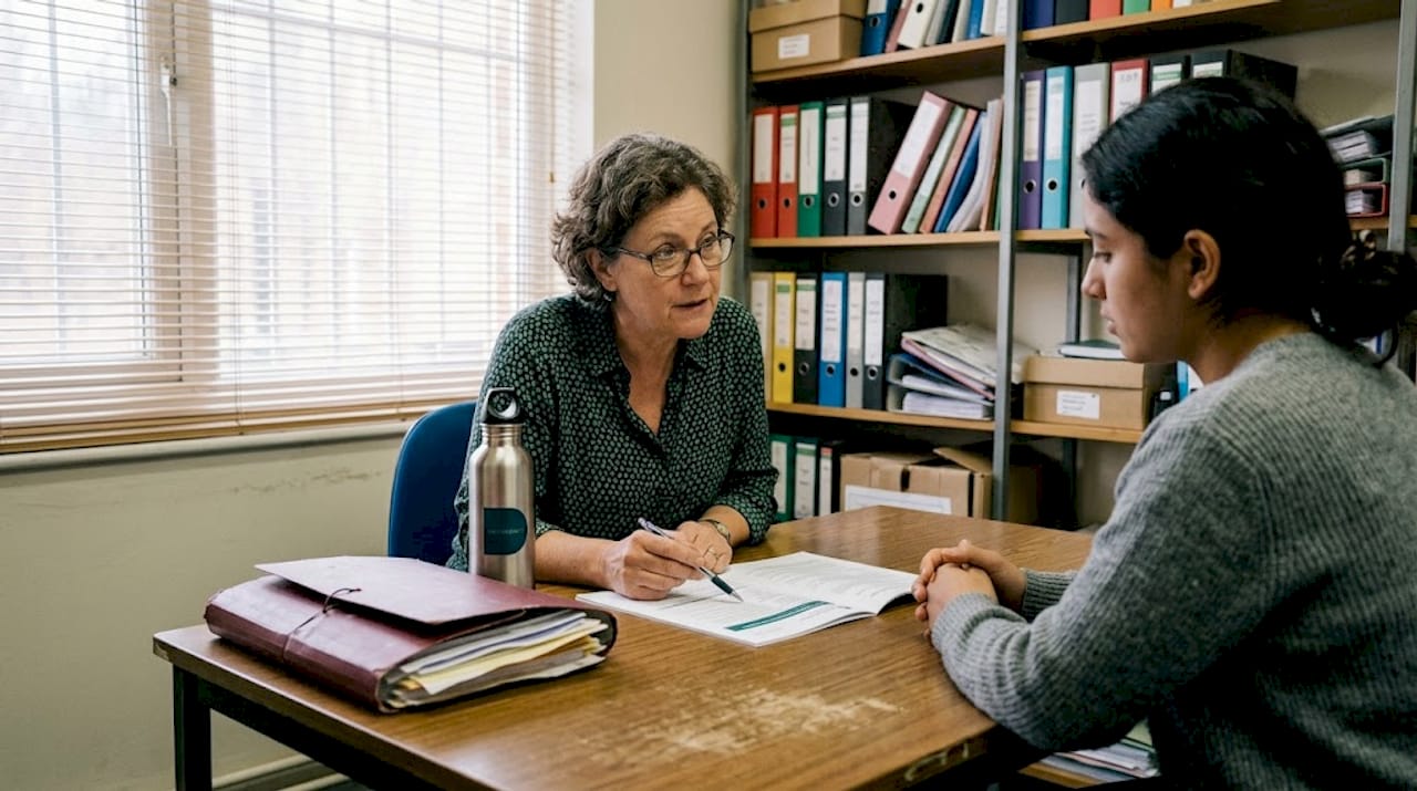 La trabajadora social presenta y comenta los detalles del informe sobre la integración de los participantes.