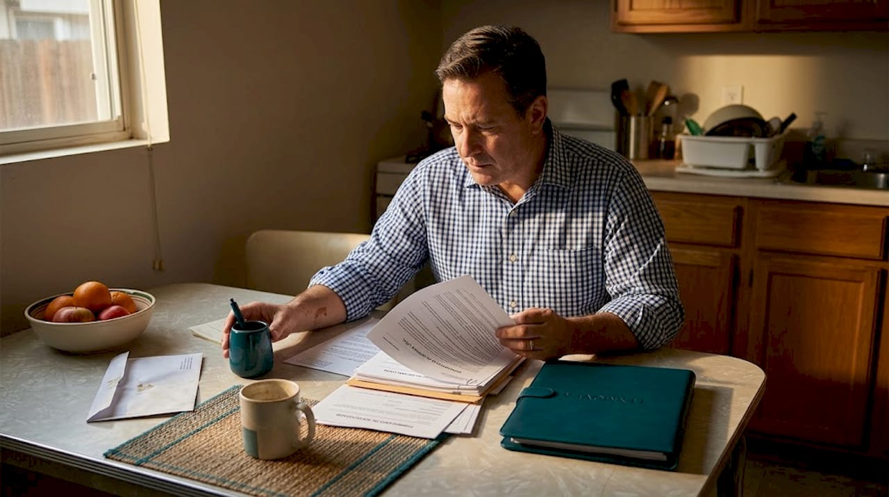Hombre revisando y preparando documentos legales para su defensa.