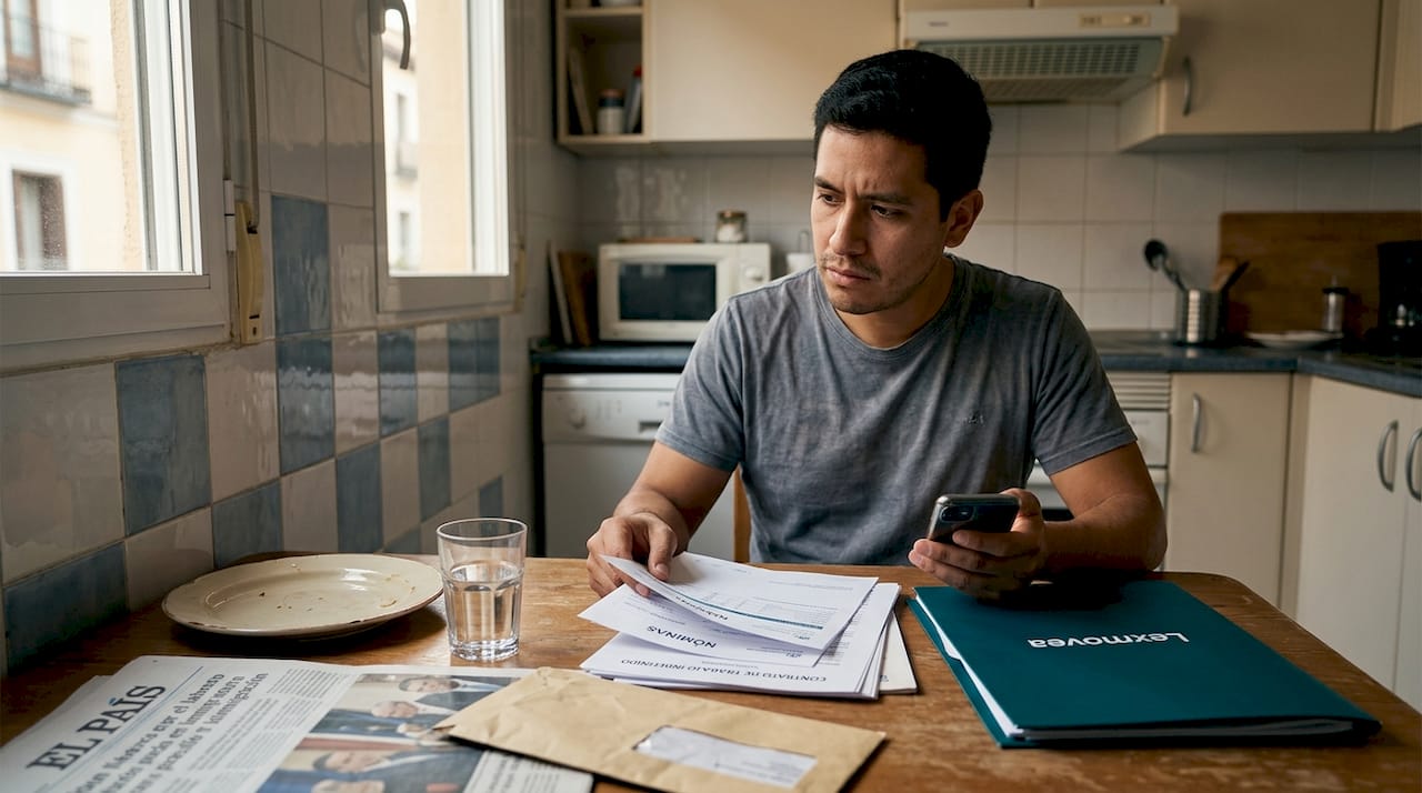Empleado revisando sus nóminas mientras está sentado en la mesa de la cocina