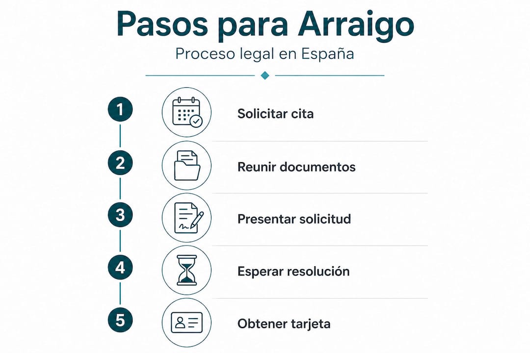 Infografía sobre los pasos legales para obtener el arraigo en España
