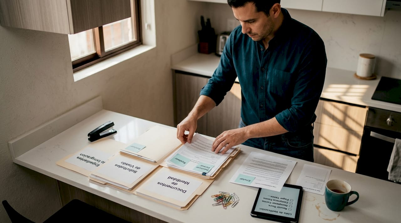 Hombre ordenando sus carpetas con documentos relacionados a la ciudadanía