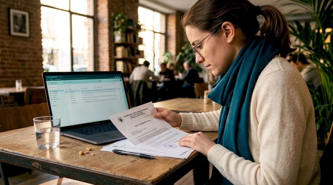 Un estudiante sentado en la cafetería, leyendo con emoción su carta de admisión.