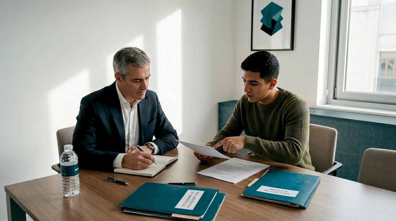 Un abogado revisa junto a su cliente la documentación necesaria para el trámite de inmigración.