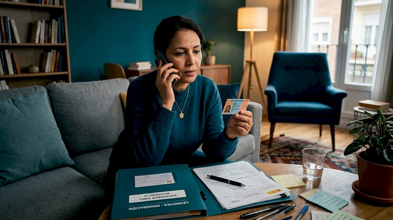 Una mujer revisa su TIE y otros documentos mientras realiza una llamada desde su hogar.