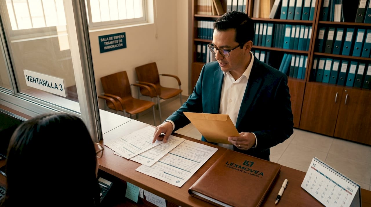 Abogado presentando un escrito en la ventanilla del juzgado