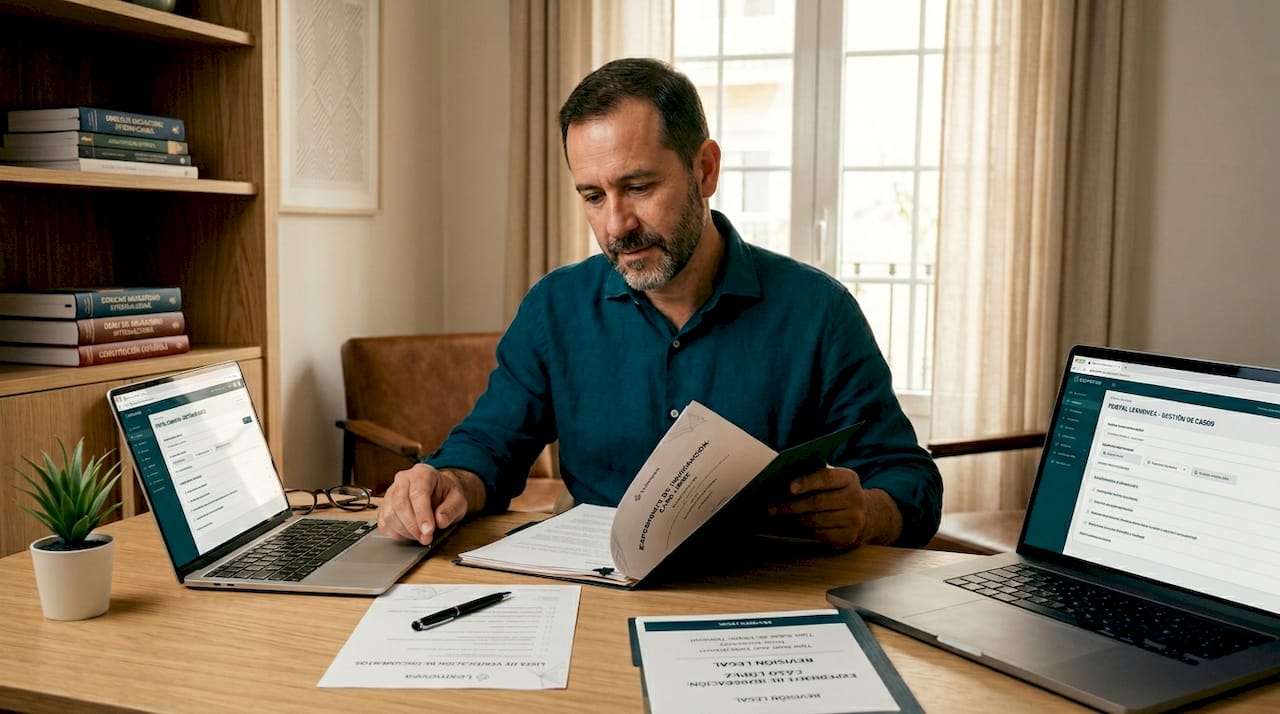 Hombre revisando papeles legales en su despacho en casa