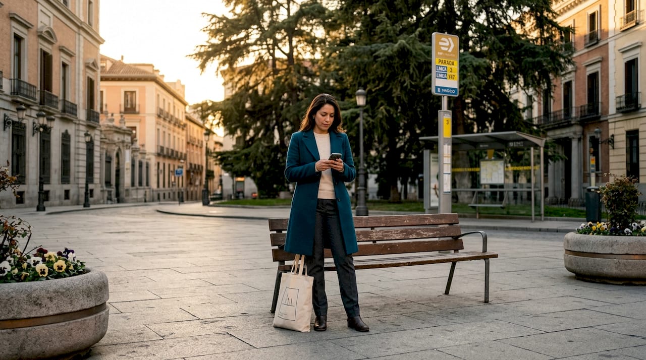 Mujer inmigrante esperando el autobús en una parada de Madrid