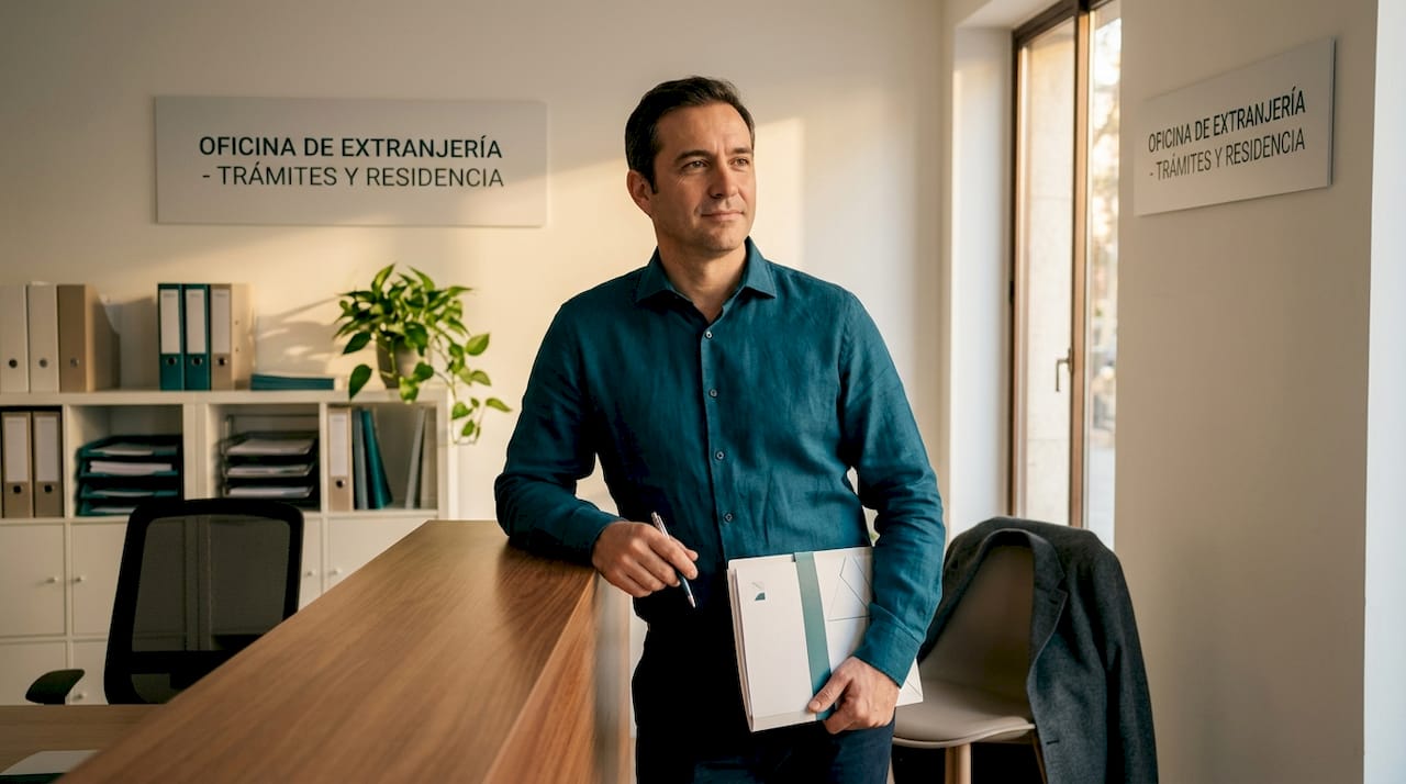 Un hombre entrega sus documentos en la ventanilla de migración.