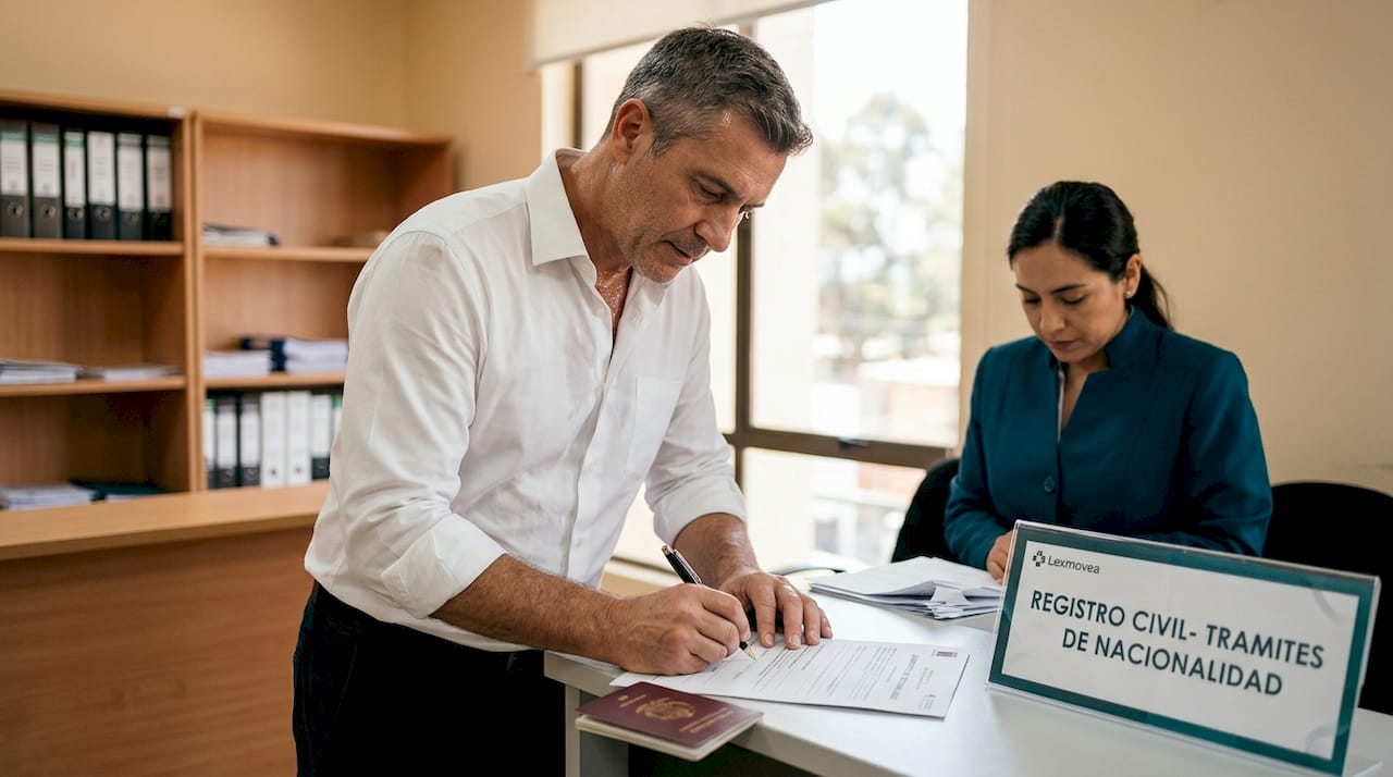 Hombre firmando papeles en el registro civil