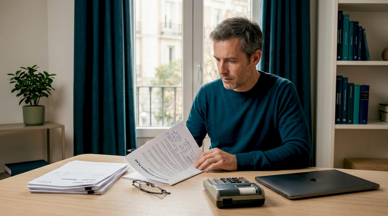 Profesional autónomo repasando su plan de negocio desde casa