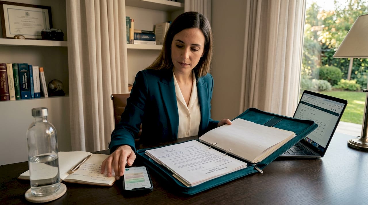 Mujer revisando la documentación para la residencia española en el escritorio de su casa.