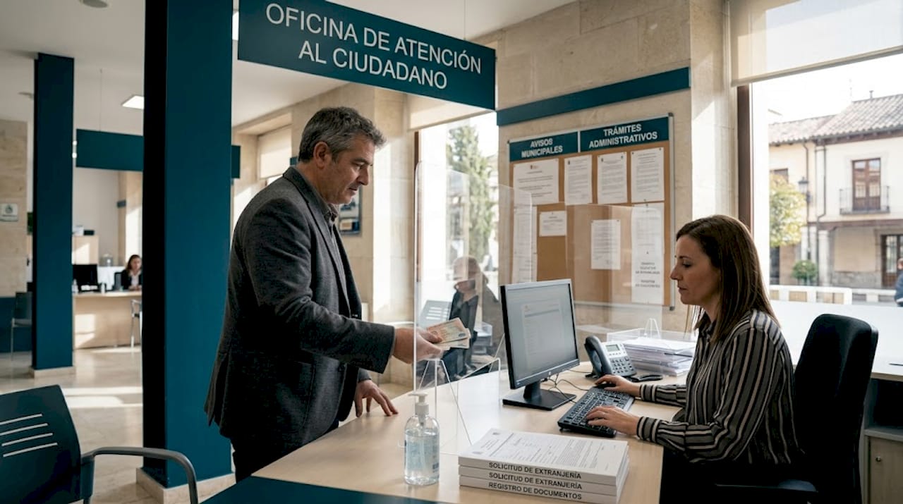 Un hombre presenta unos papeles en el ayuntamiento.