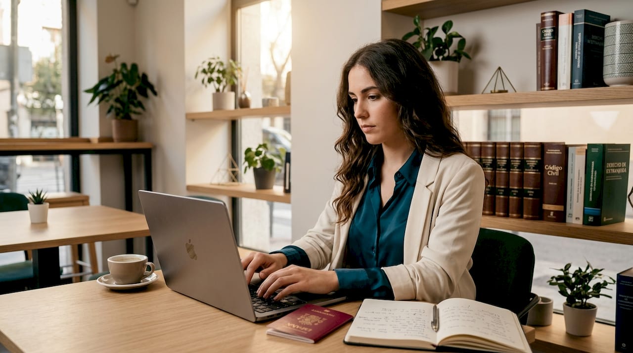 Una chica revisa su portátil mientras sostiene su pasaporte español.