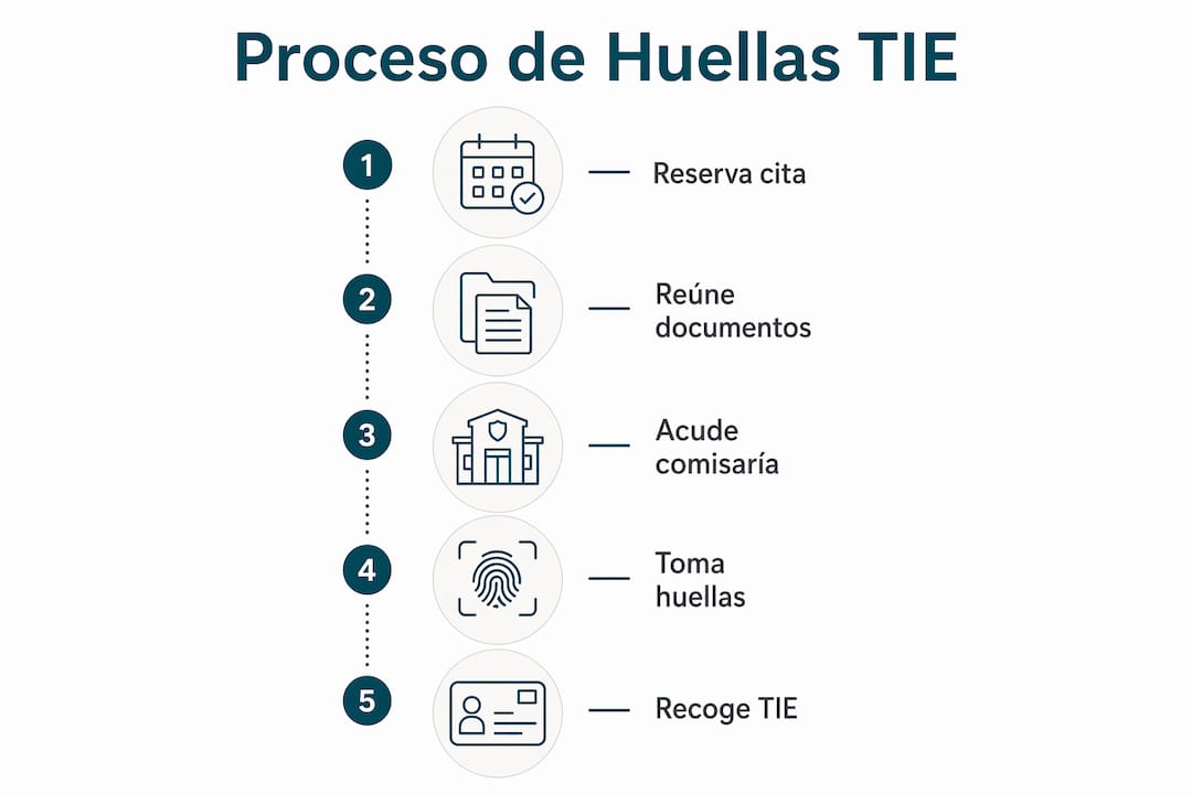 Infografía con el paso a paso para realizar el trámite de toma de huellas dactilares y obtener la TIE