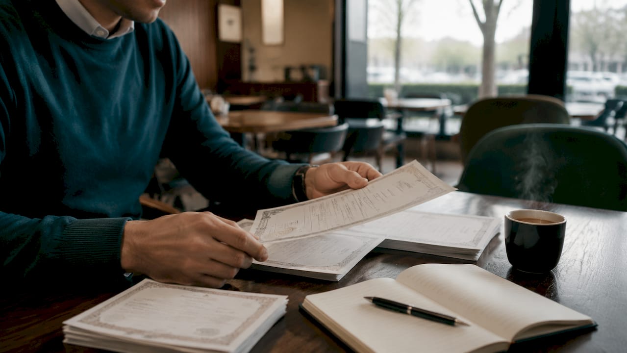 Persona revisando y ordenando los papeles necesarios para el visado familiar
