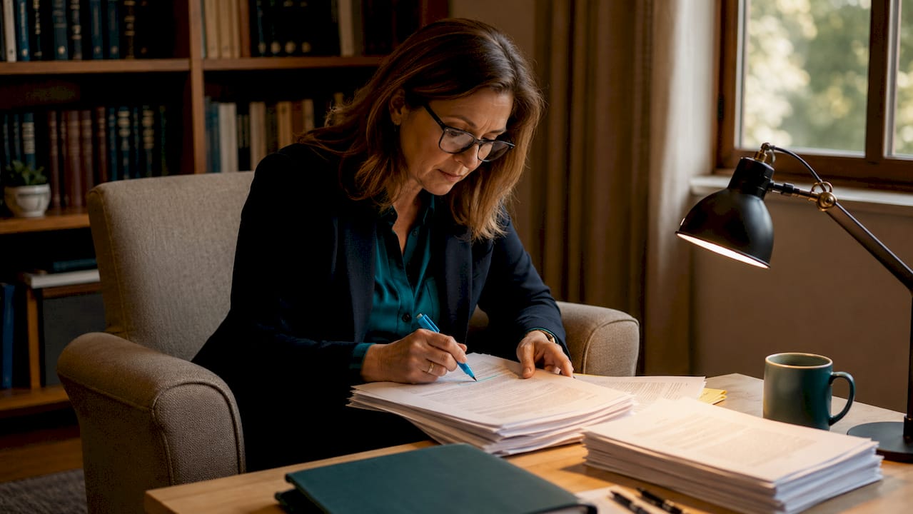 Abogado revisando minuciosamente expedientes de casos de inmigración